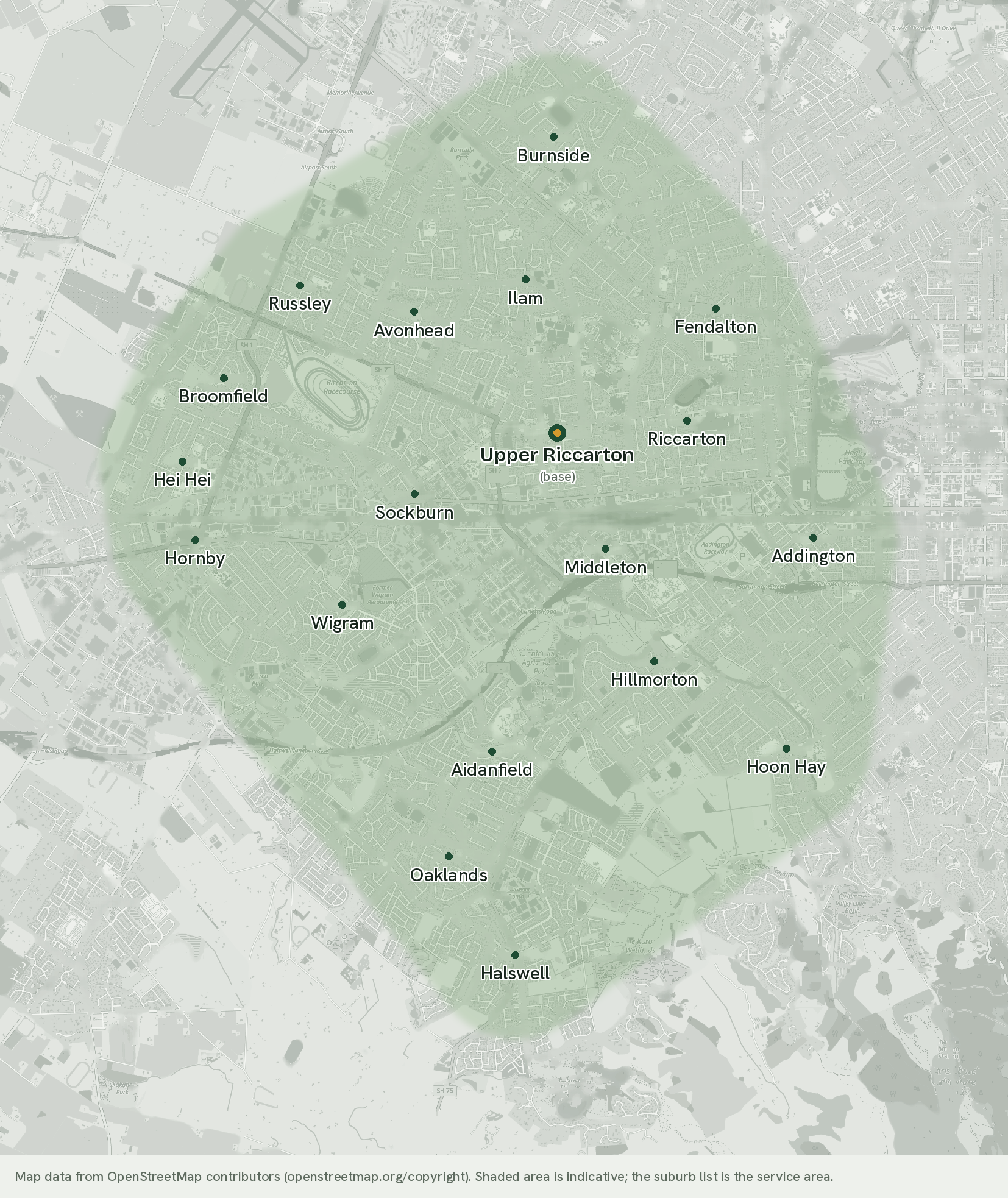 Map of west Christchurch showing the suburbs Ross works in, centred on Upper Riccarton